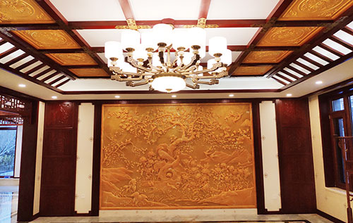 临泽中式别墅客厅中式木作横梁吊顶装饰展示